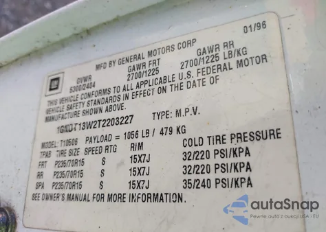 1996 Chevrolet Blazer from USA, damaged, VIN 1GNDT13W2T2203227